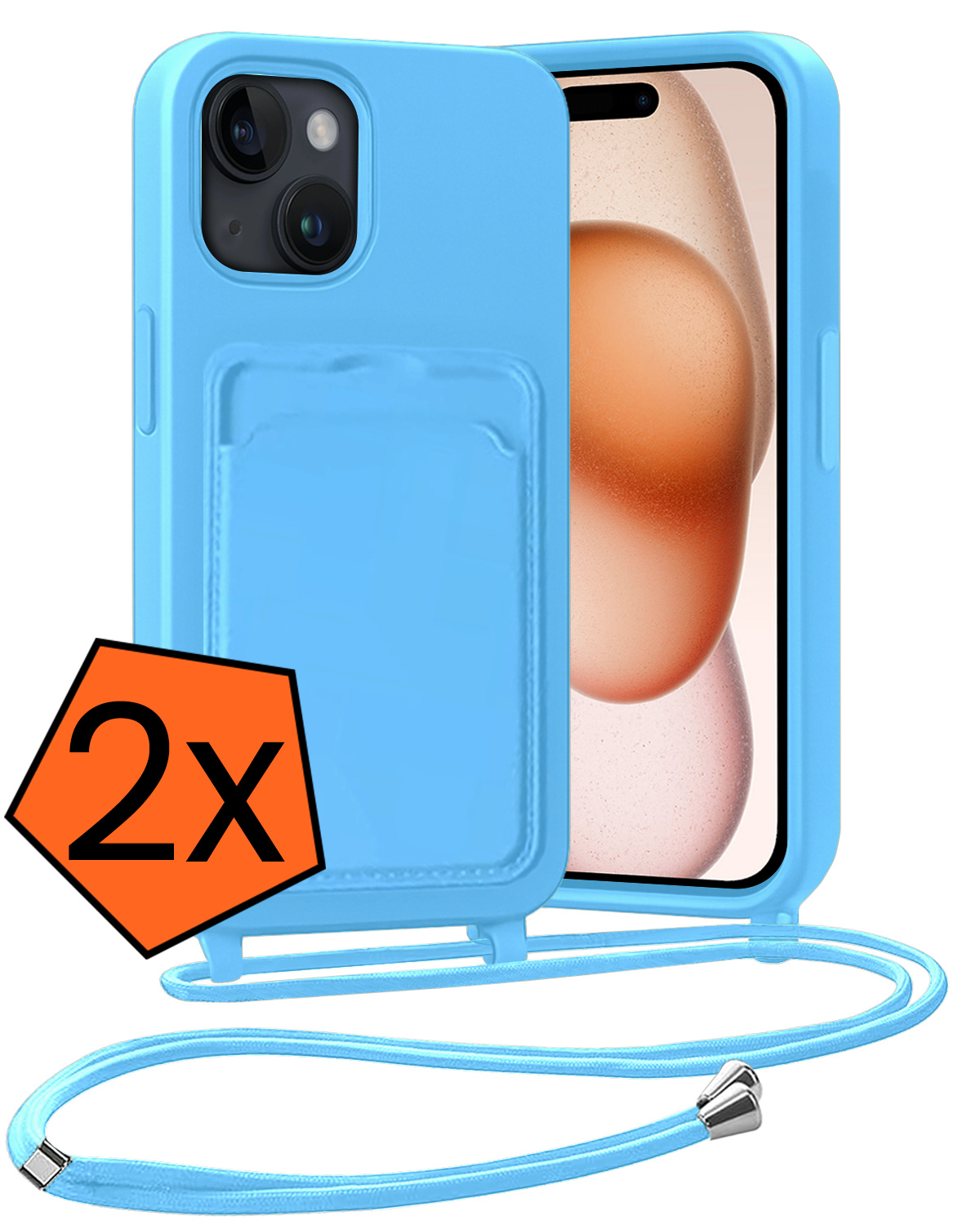Nomfy Nomfy iPhone 15 Plus Hoesje Pashouder met Koord - Lichtblauw - 2 PACK