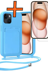 Nomfy Nomfy iPhone 15 Plus Hoesje Pashouder met Koord Met Screenprotector - Lichtblauw