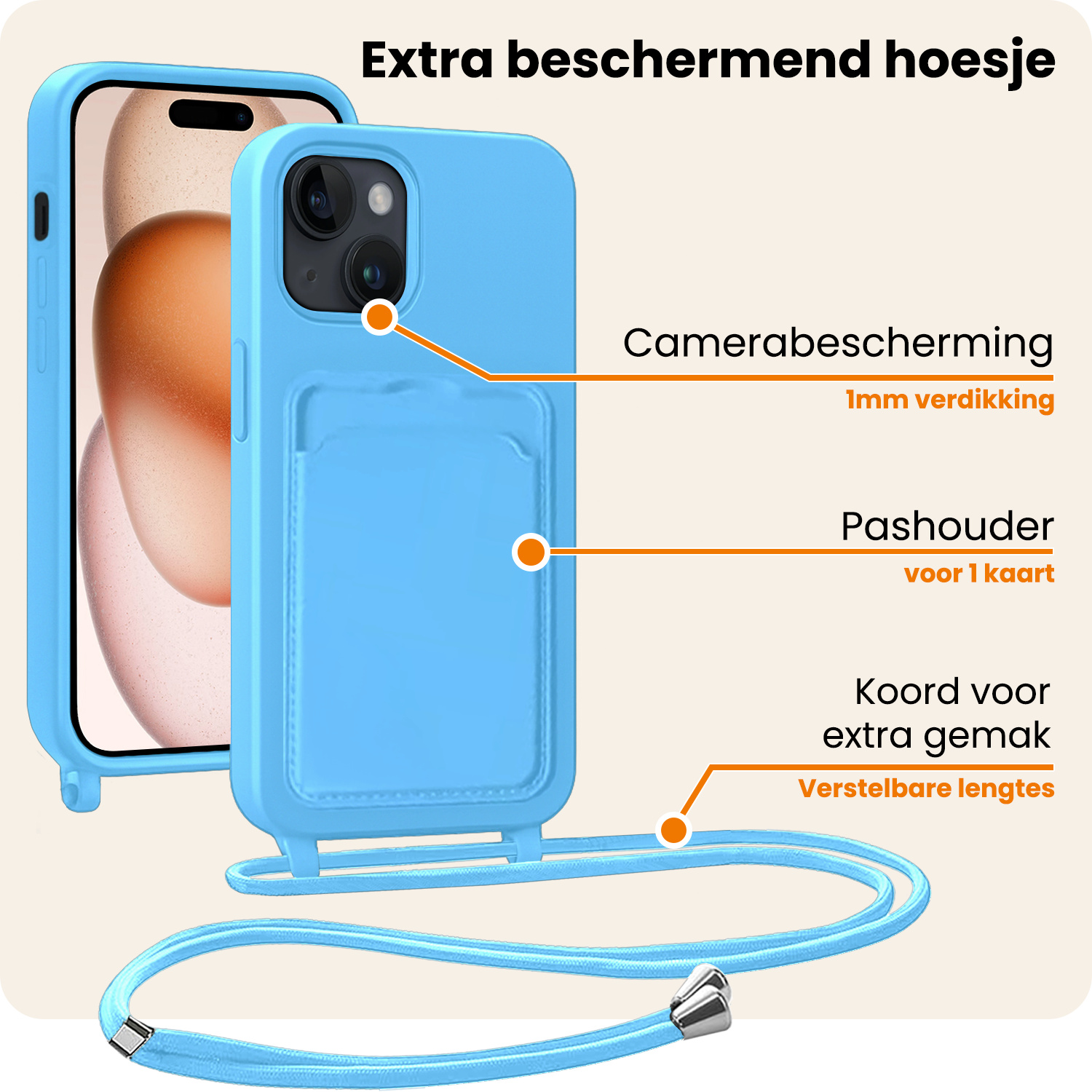 Nomfy Nomfy iPhone 15 Plus Hoesje Pashouder met Koord Met Screenprotector - Lichtblauw