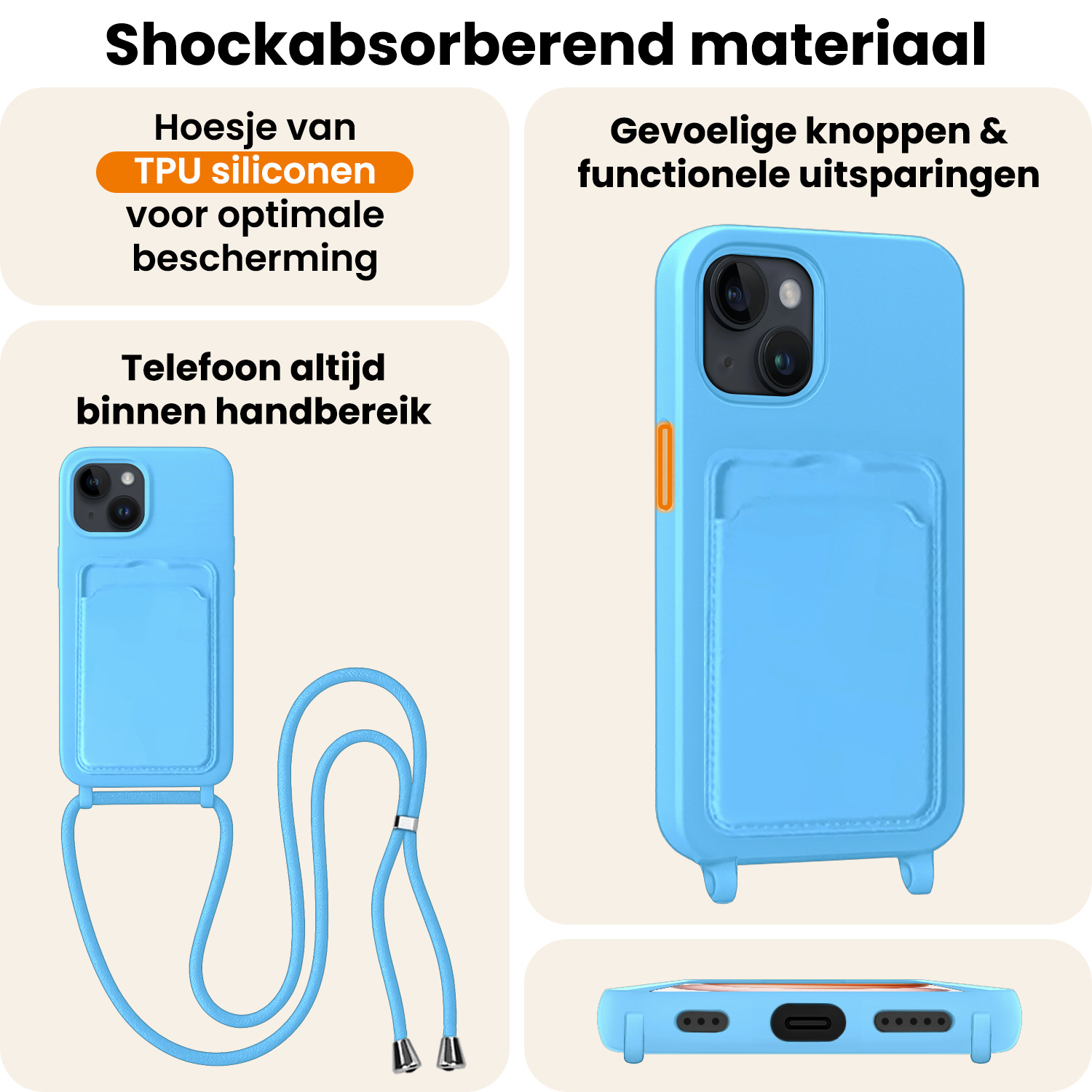 Nomfy Nomfy iPhone 15 Plus Hoesje Pashouder met Koord Met Screenprotector - Lichtblauw