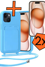 Nomfy Nomfy iPhone 15 Plus Hoesje Pashouder met Koord Met 2x Screenprotector - Lichtblauw