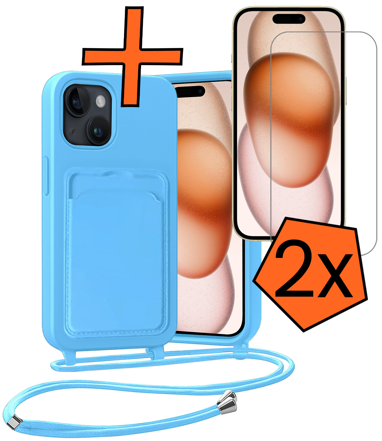 Nomfy Nomfy iPhone 15 Plus Hoesje Pashouder met Koord Met 2x Screenprotector - Lichtblauw