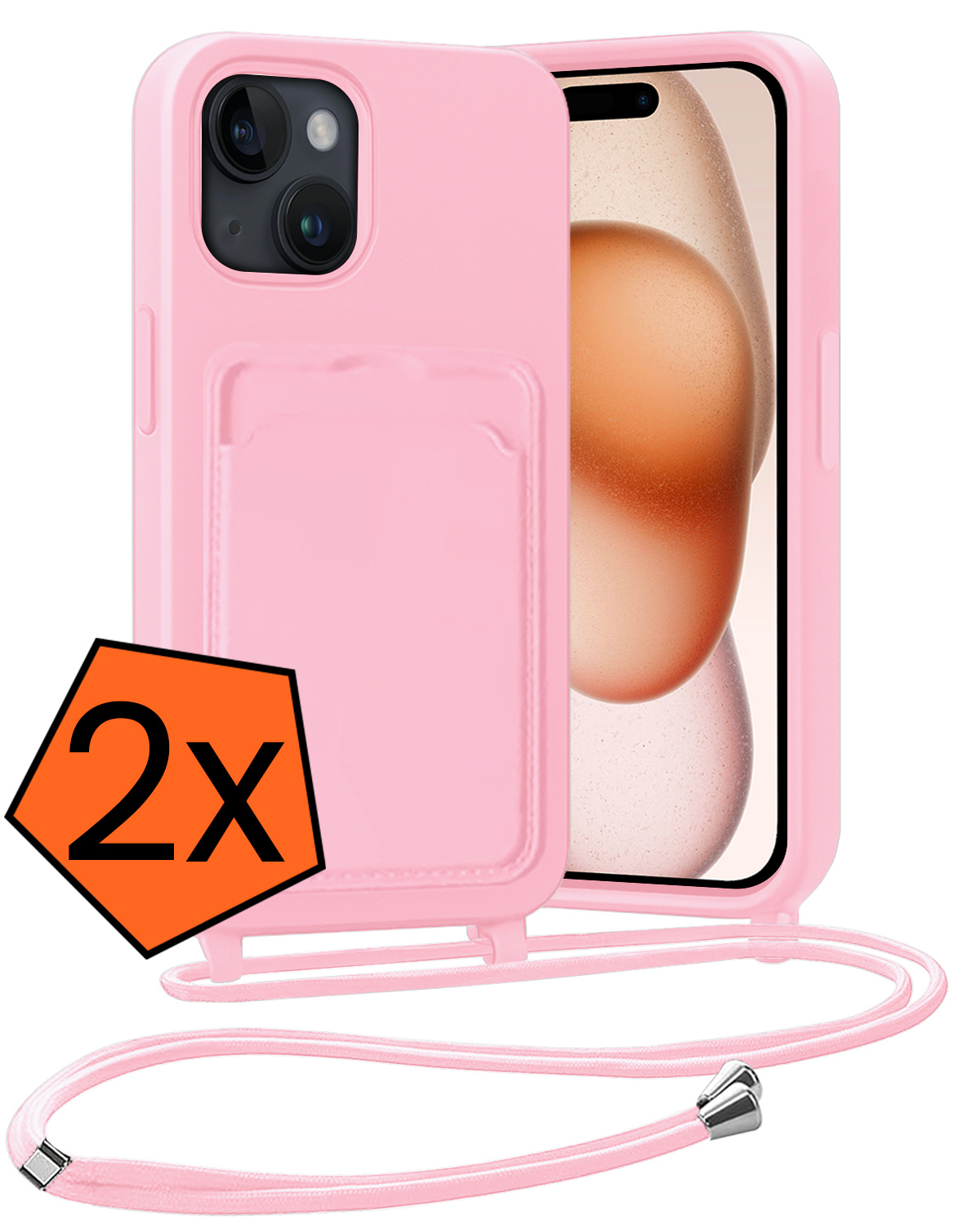 Nomfy Nomfy iPhone 15 Plus Hoesje Pashouder met Koord - Lichtroze - 2 PACK