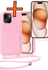 Nomfy Nomfy iPhone 15 Plus Hoesje Pashouder met Koord Met Screenprotector - Lichtroze