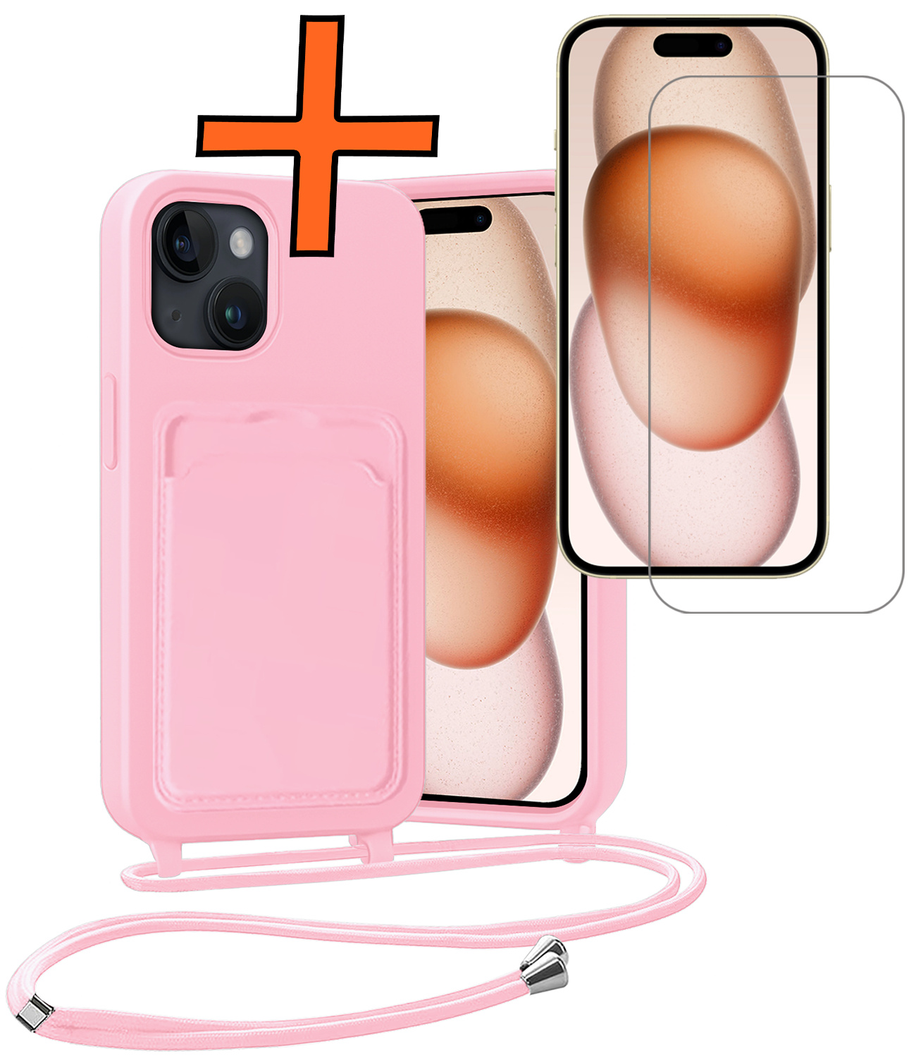 Nomfy Nomfy iPhone 15 Plus Hoesje Pashouder met Koord Met Screenprotector - Lichtroze