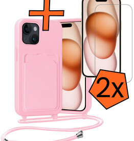 Nomfy Nomfy iPhone 15 Plus Hoesje Pashouder met Koord Met 2x Screenprotector - Lichtroze