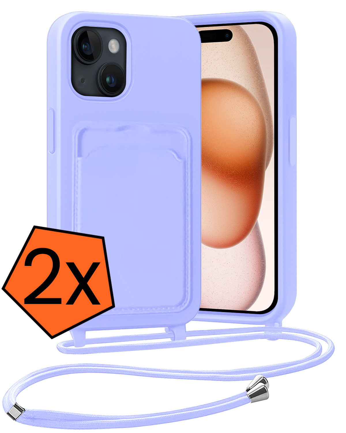 Nomfy Nomfy iPhone 15 Plus Hoesje Pashouder met Koord - Lila - 2 PACK
