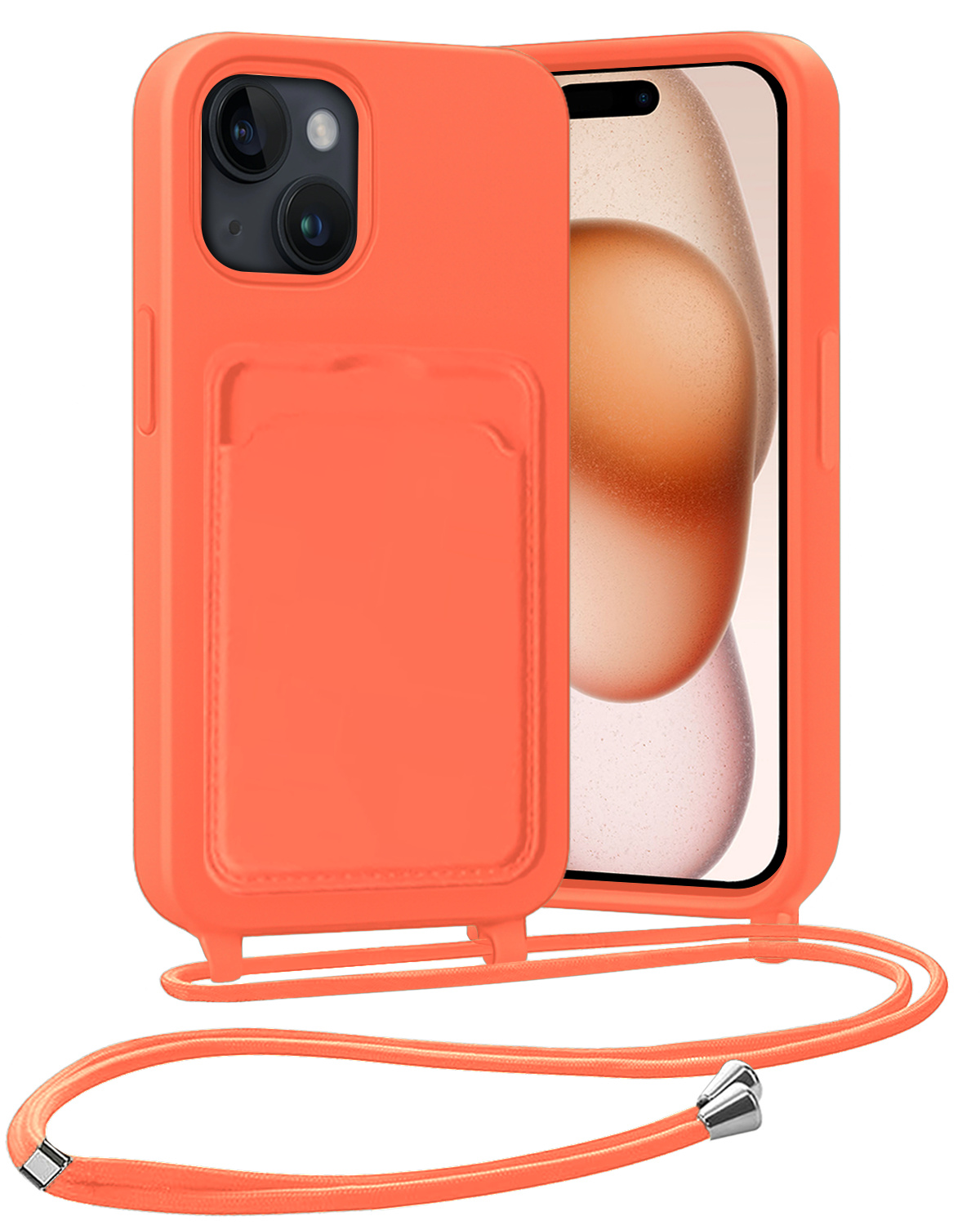 Nomfy Nomfy iPhone 15 Plus Hoesje Pashouder met Koord - Papaya