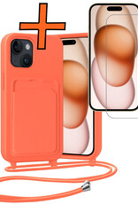 Nomfy Nomfy iPhone 15 Plus Hoesje Pashouder met Koord Met Screenprotector - Papaya