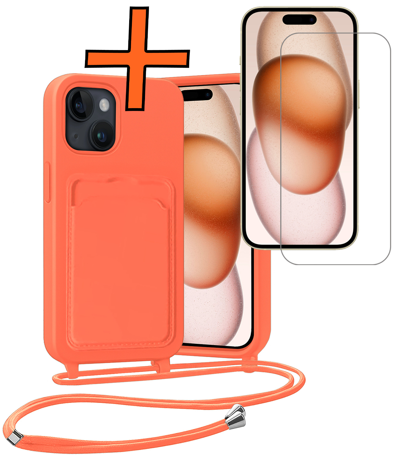 Nomfy Nomfy iPhone 15 Plus Hoesje Pashouder met Koord Met Screenprotector - Papaya