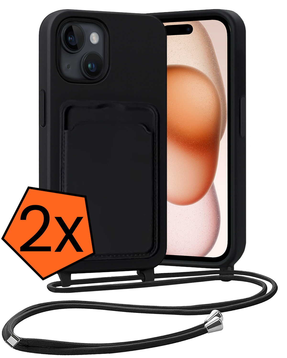 Nomfy Nomfy iPhone 15 Plus Hoesje Pashouder met Koord - Zwart - 2 PACK