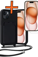 Nomfy Nomfy iPhone 15 Plus Hoesje Pashouder met Koord Met Screenprotector - Zwart