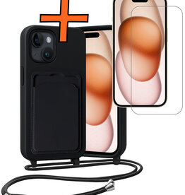 Nomfy Nomfy iPhone 15 Plus Hoesje Pashouder met Koord Met Screenprotector - Zwart