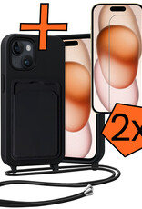 Nomfy Nomfy iPhone 15 Plus Hoesje Pashouder met Koord Met 2x Screenprotector - Zwart