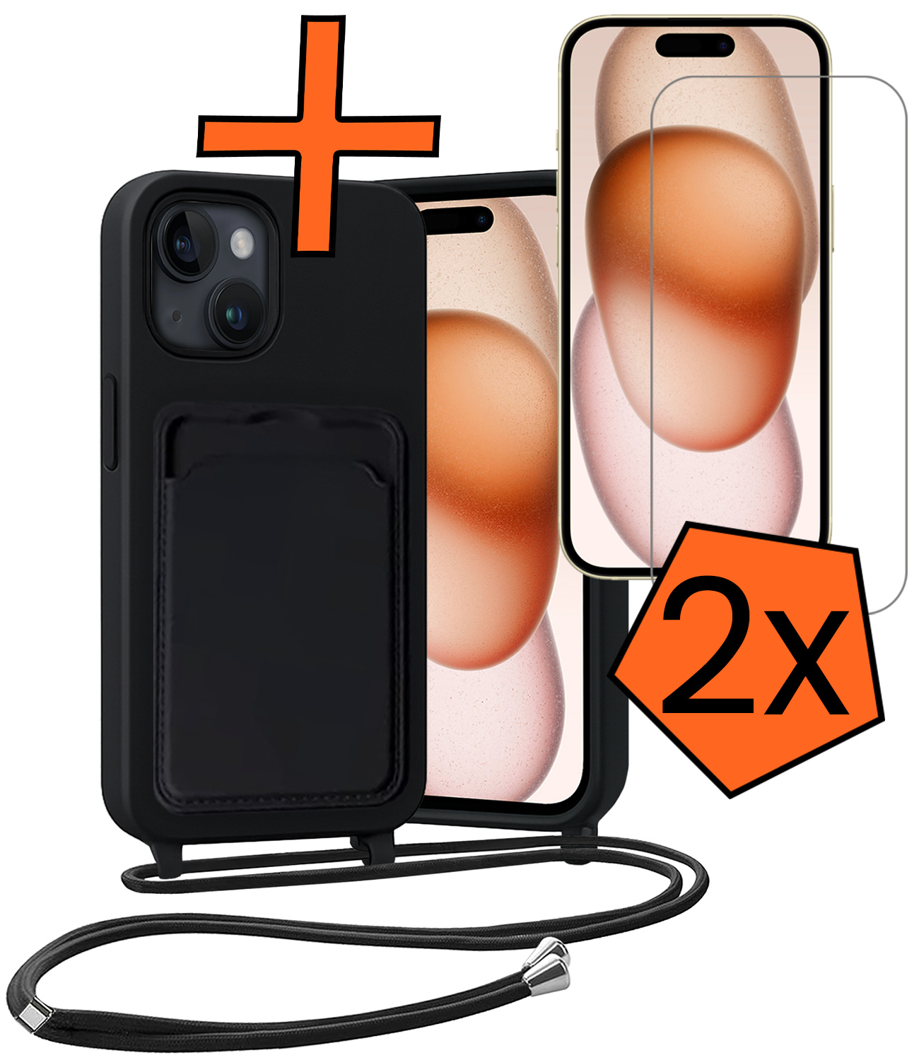 Nomfy Nomfy iPhone 15 Plus Hoesje Pashouder met Koord Met 2x Screenprotector - Zwart
