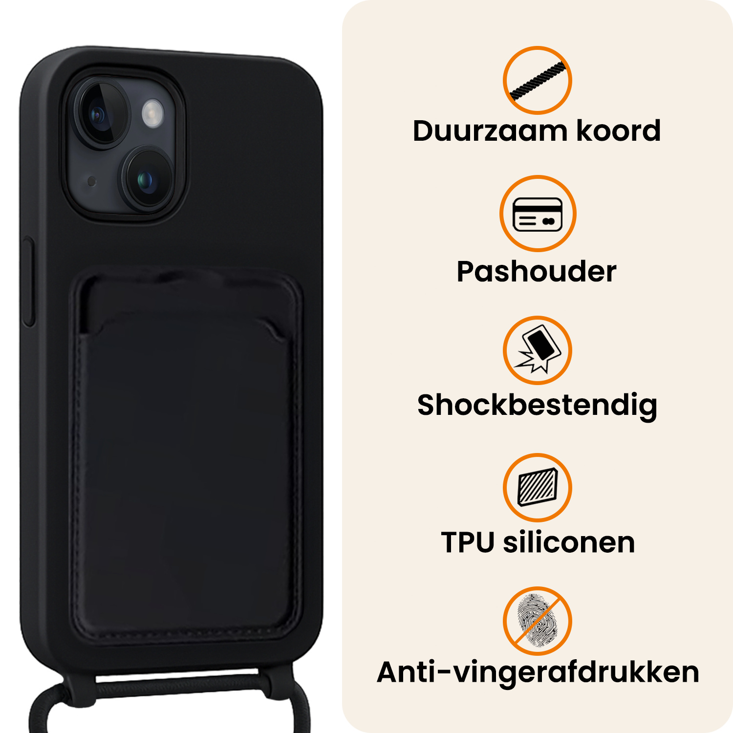 Nomfy Nomfy iPhone 15 Plus Hoesje Pashouder met Koord Met 2x Screenprotector - Zwart