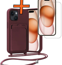 Nomfy Nomfy iPhone 15 Hoesje Pashouder met Koord Met Screenprotector - Aubergine