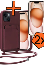 Nomfy Nomfy iPhone 15 Hoesje Pashouder met Koord Met 2x Screenprotector - Aubergine