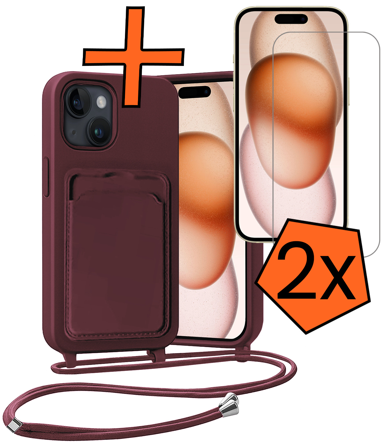 Nomfy Nomfy iPhone 15 Hoesje Pashouder met Koord Met 2x Screenprotector - Aubergine