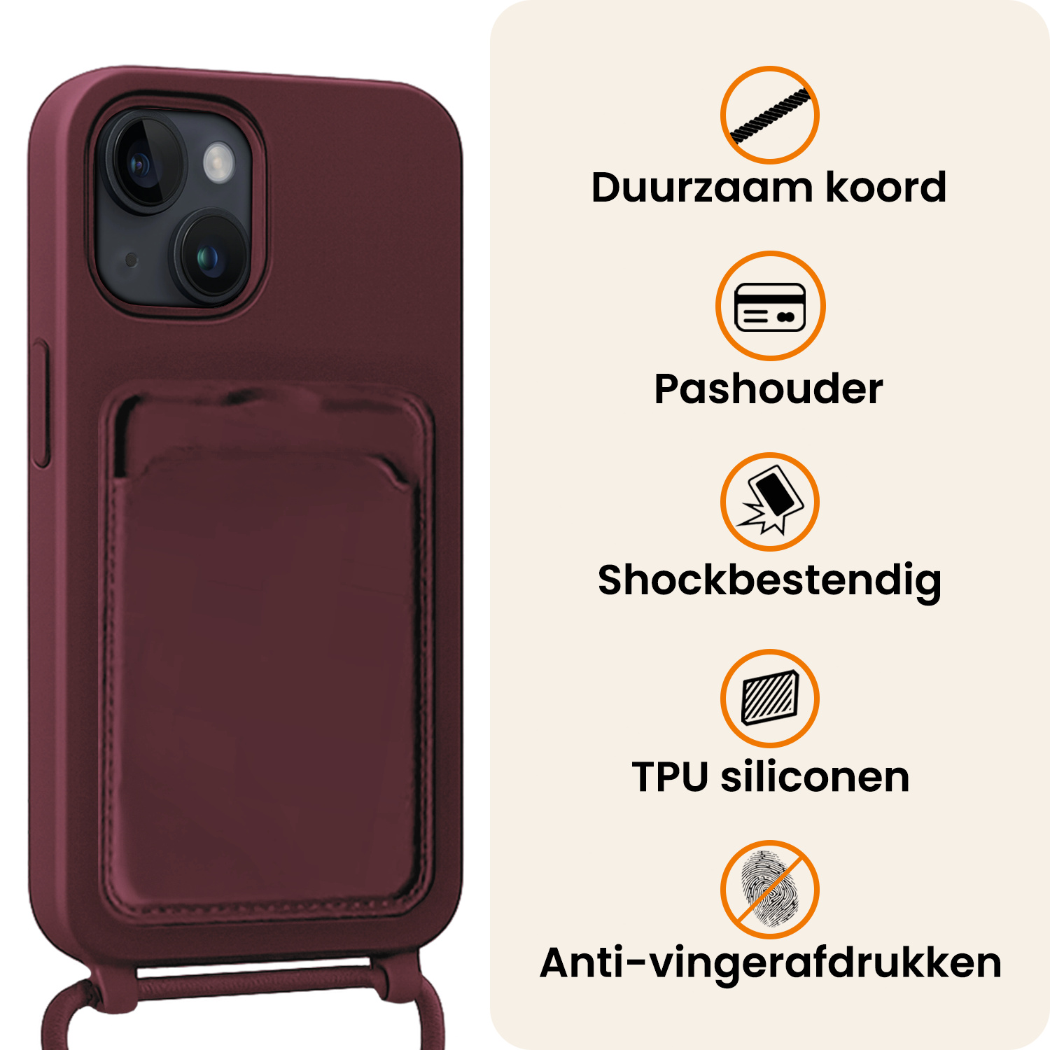 Nomfy Nomfy iPhone 15 Hoesje Pashouder met Koord Met 2x Screenprotector - Aubergine