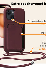 Nomfy Nomfy iPhone 15 Hoesje Pashouder met Koord Met 2x Screenprotector - Aubergine