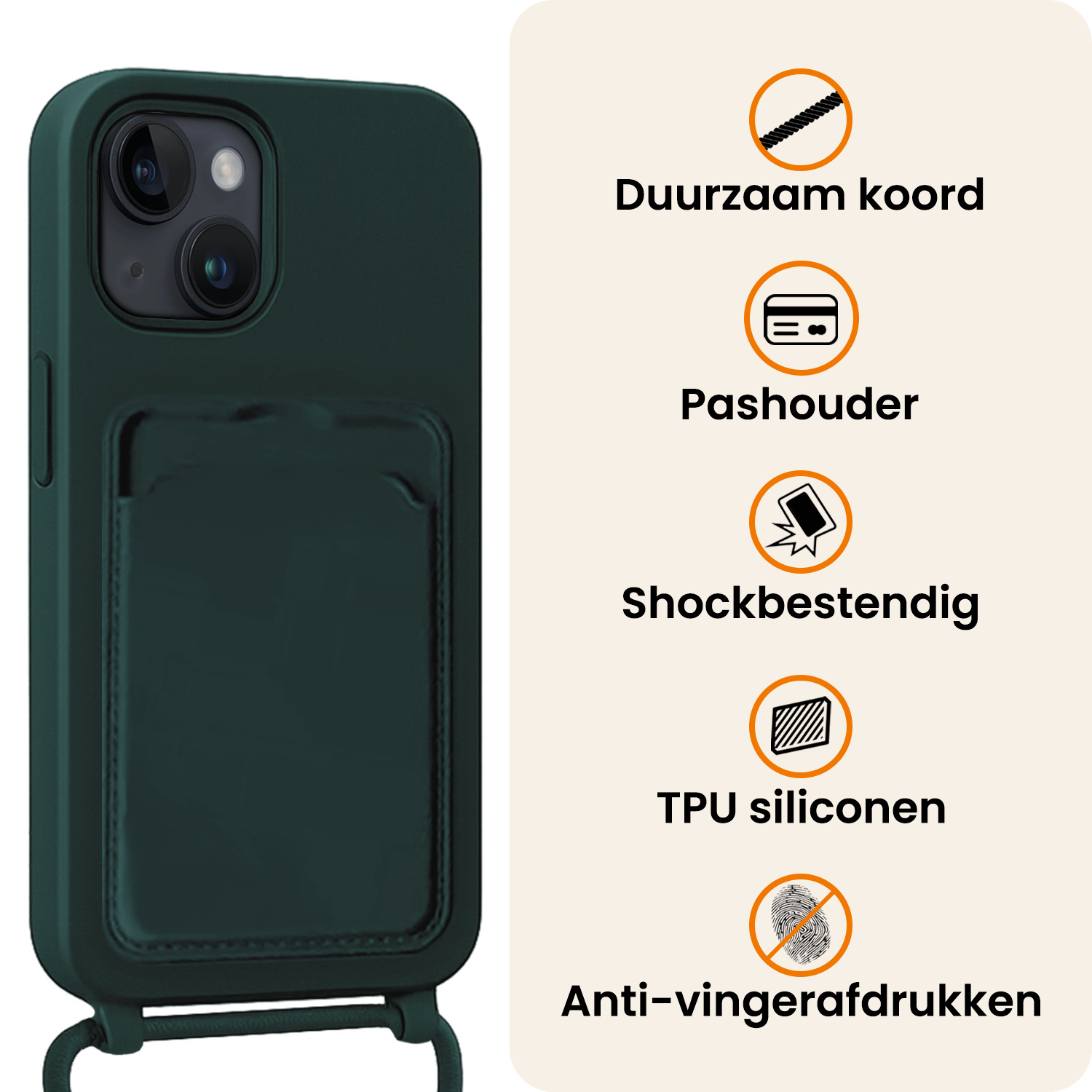 Nomfy Nomfy iPhone 15 Hoesje Pashouder met Koord - Donkergroen