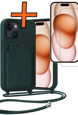 Nomfy Nomfy iPhone 15 Hoesje Pashouder met Koord Met Screenprotector - Donkergroen