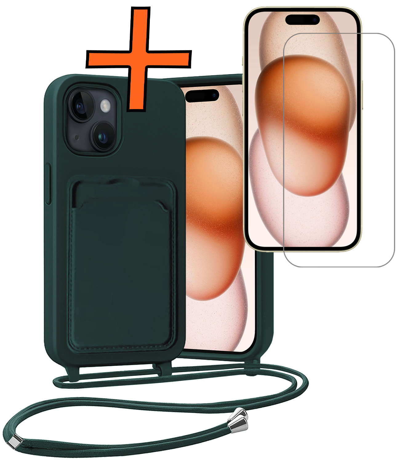 Nomfy Nomfy iPhone 15 Hoesje Pashouder met Koord Met Screenprotector - Donkergroen