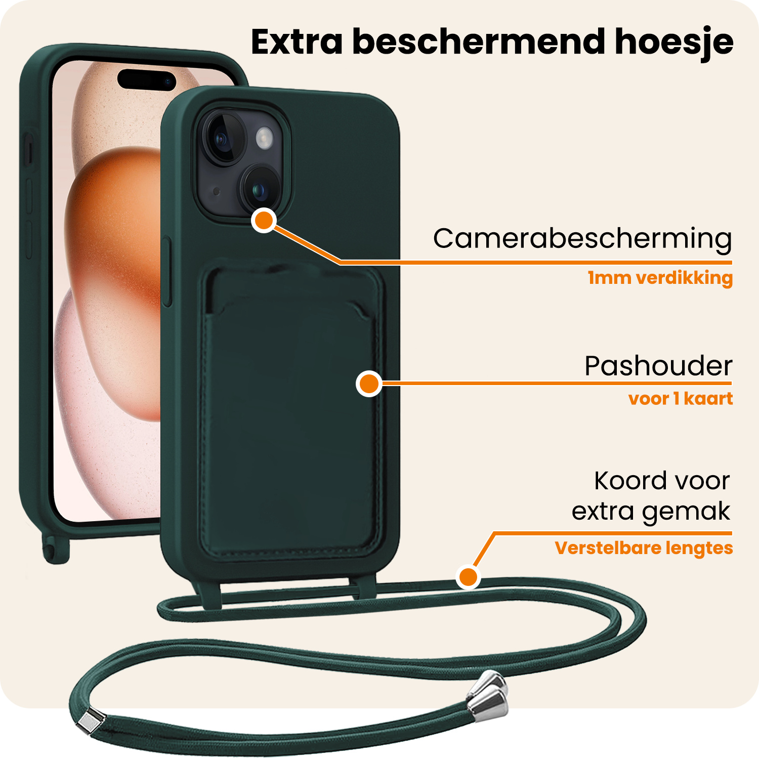 Nomfy Nomfy iPhone 15 Hoesje Pashouder met Koord Met 2x Screenprotector - Donkergroen