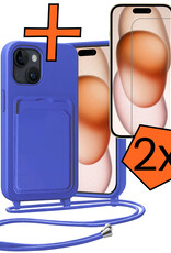 Nomfy Nomfy iPhone 15 Hoesje Pashouder met Koord Met 2x Screenprotector - Fel Blauw