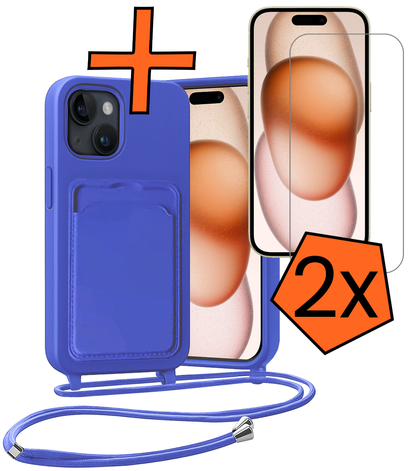 Nomfy Nomfy iPhone 15 Hoesje Pashouder met Koord Met 2x Screenprotector - Fel Blauw