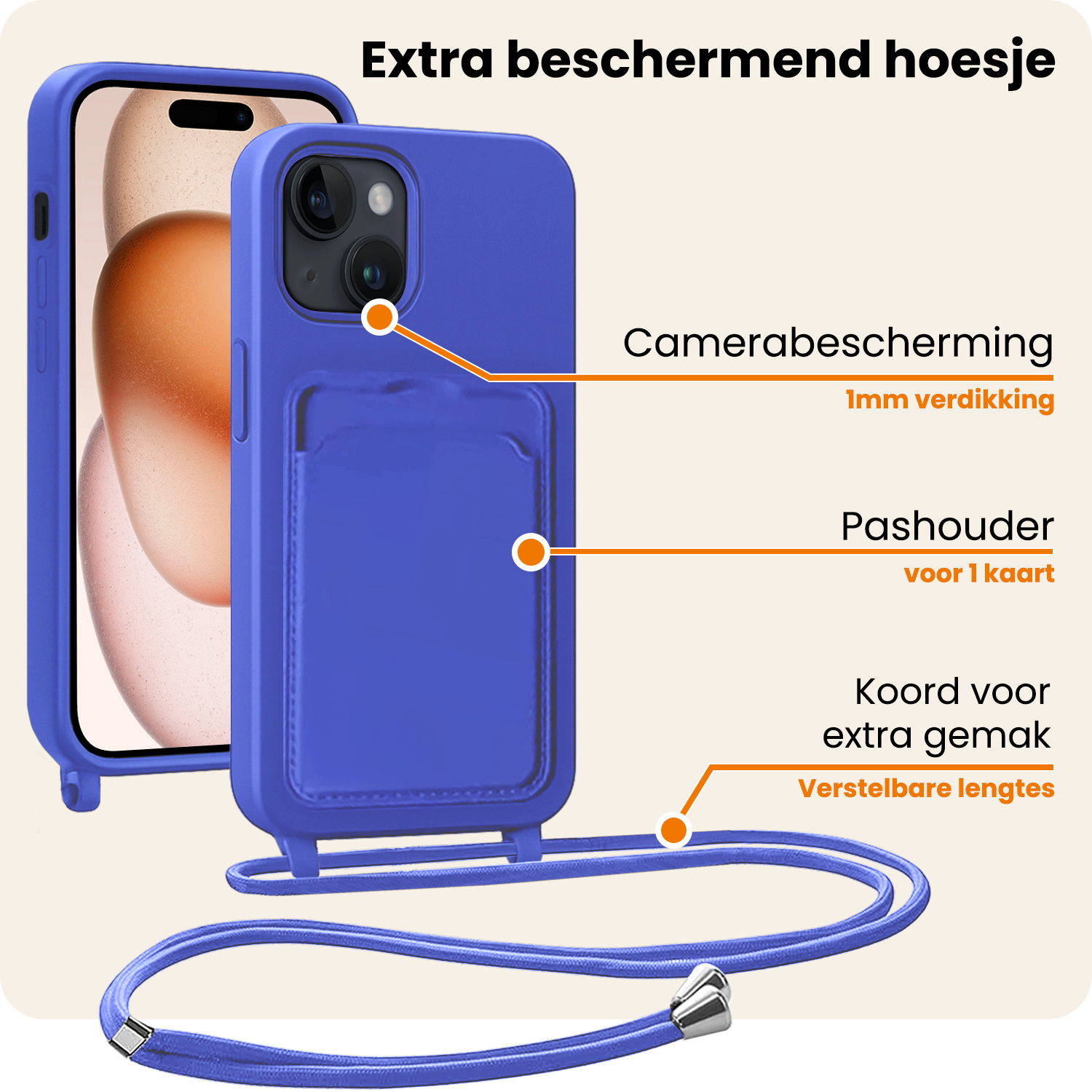 Nomfy Nomfy iPhone 15 Hoesje Pashouder met Koord Met 2x Screenprotector - Fel Blauw