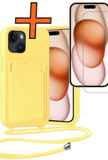 Nomfy Nomfy iPhone 15 Hoesje Pashouder met Koord Met Screenprotector - Geel