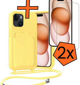 Nomfy Nomfy iPhone 15 Hoesje Pashouder met Koord Met 2x Screenprotector - Geel