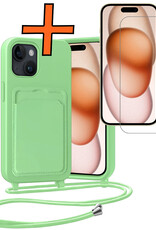 Nomfy Nomfy iPhone 15 Hoesje Pashouder met Koord Met Screenprotector - Groen