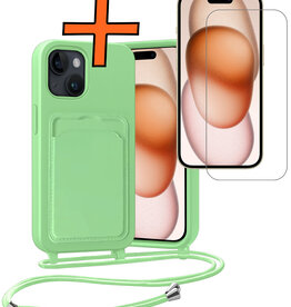 Nomfy Nomfy iPhone 15 Hoesje Pashouder met Koord Met Screenprotector - Groen