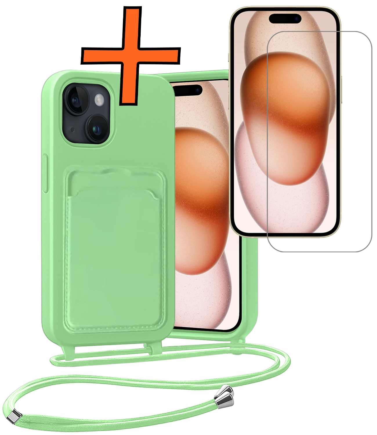 Nomfy Nomfy iPhone 15 Hoesje Pashouder met Koord Met Screenprotector - Groen