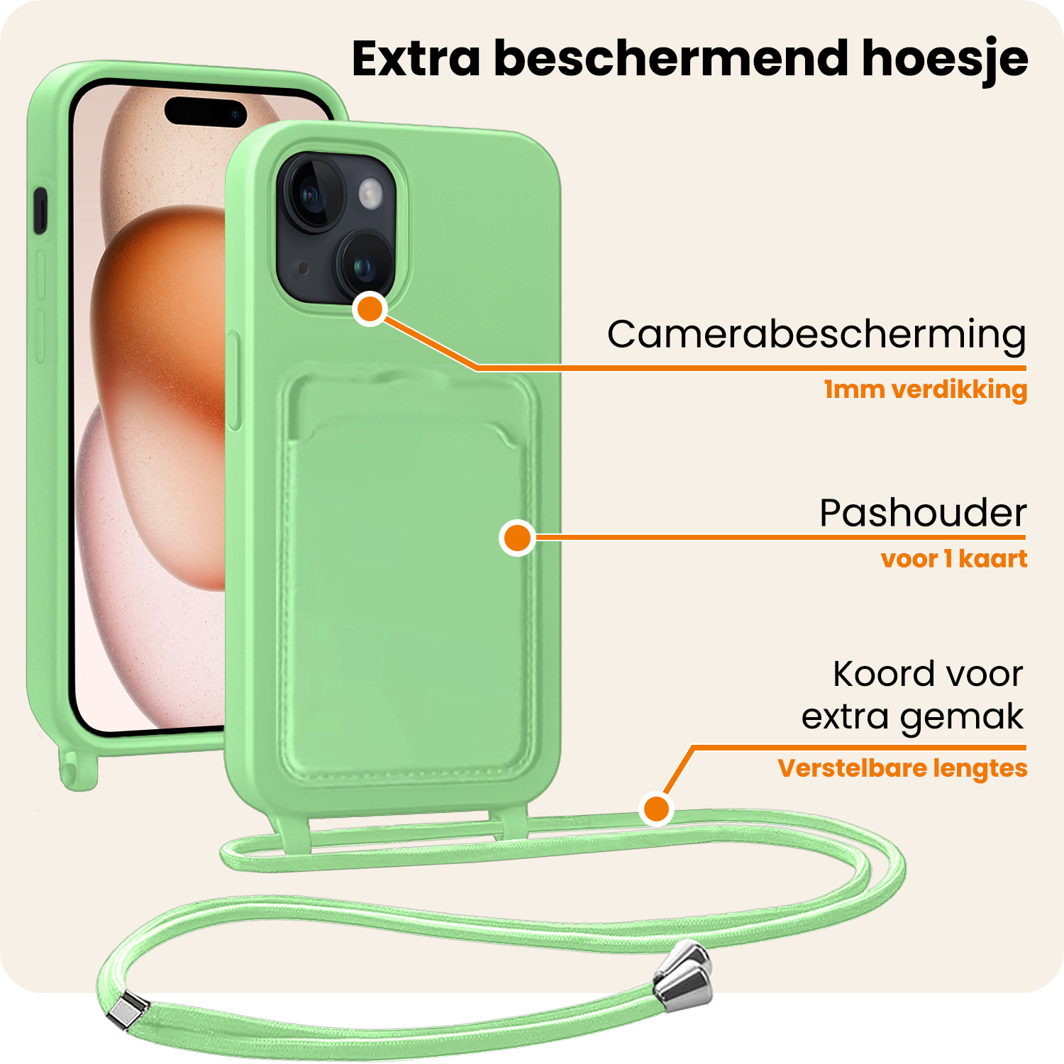 Nomfy Nomfy iPhone 15 Hoesje Pashouder met Koord Met Screenprotector - Groen