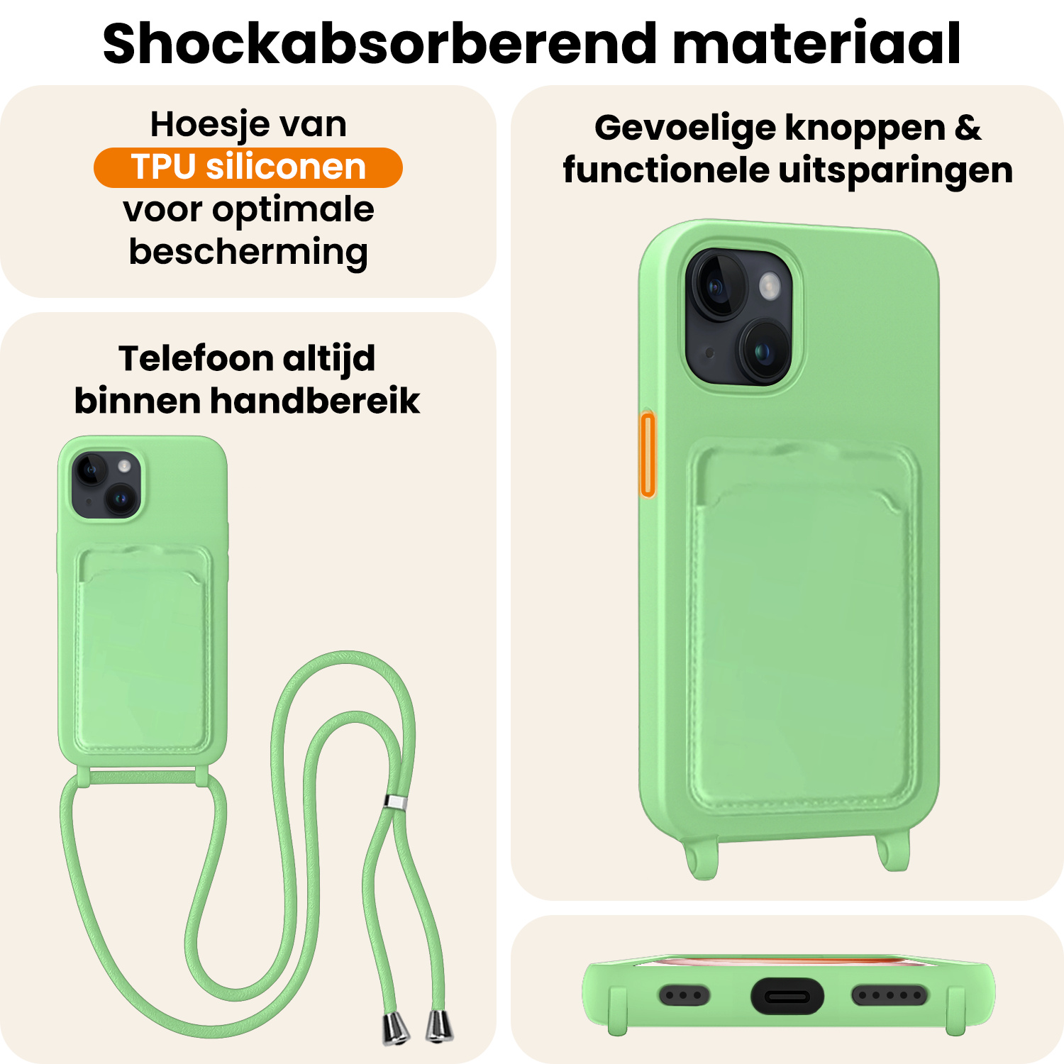 Nomfy Nomfy iPhone 15 Hoesje Pashouder met Koord Met Screenprotector - Groen