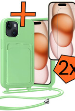 Nomfy Nomfy iPhone 15 Hoesje Pashouder met Koord Met 2x Screenprotector - Groen