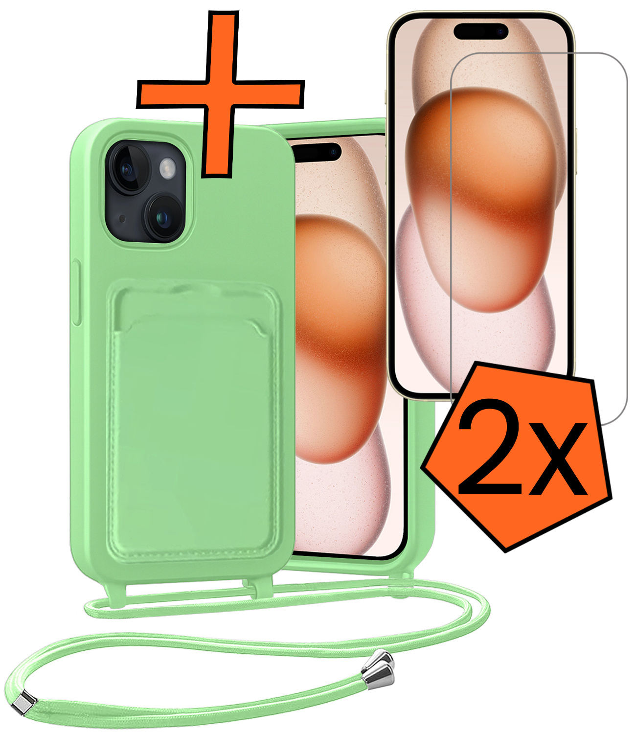 Nomfy Nomfy iPhone 15 Hoesje Pashouder met Koord Met 2x Screenprotector - Groen