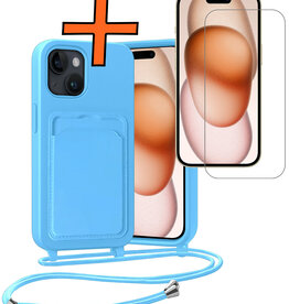 Nomfy Nomfy iPhone 15 Hoesje Pashouder met Koord Met Screenprotector - Lichtblauw