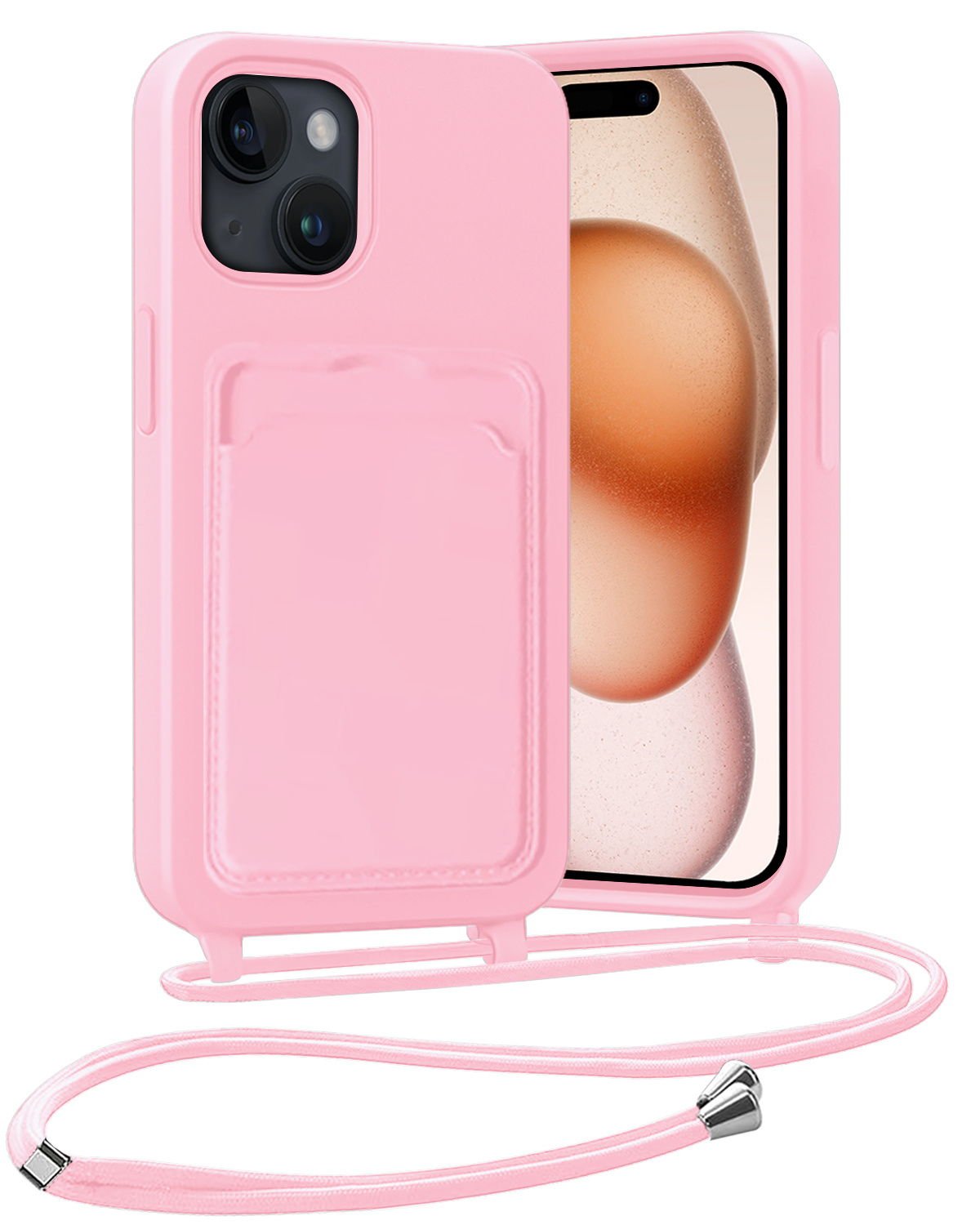 Nomfy Nomfy iPhone 15 Hoesje Pashouder met Koord - Lichtroze
