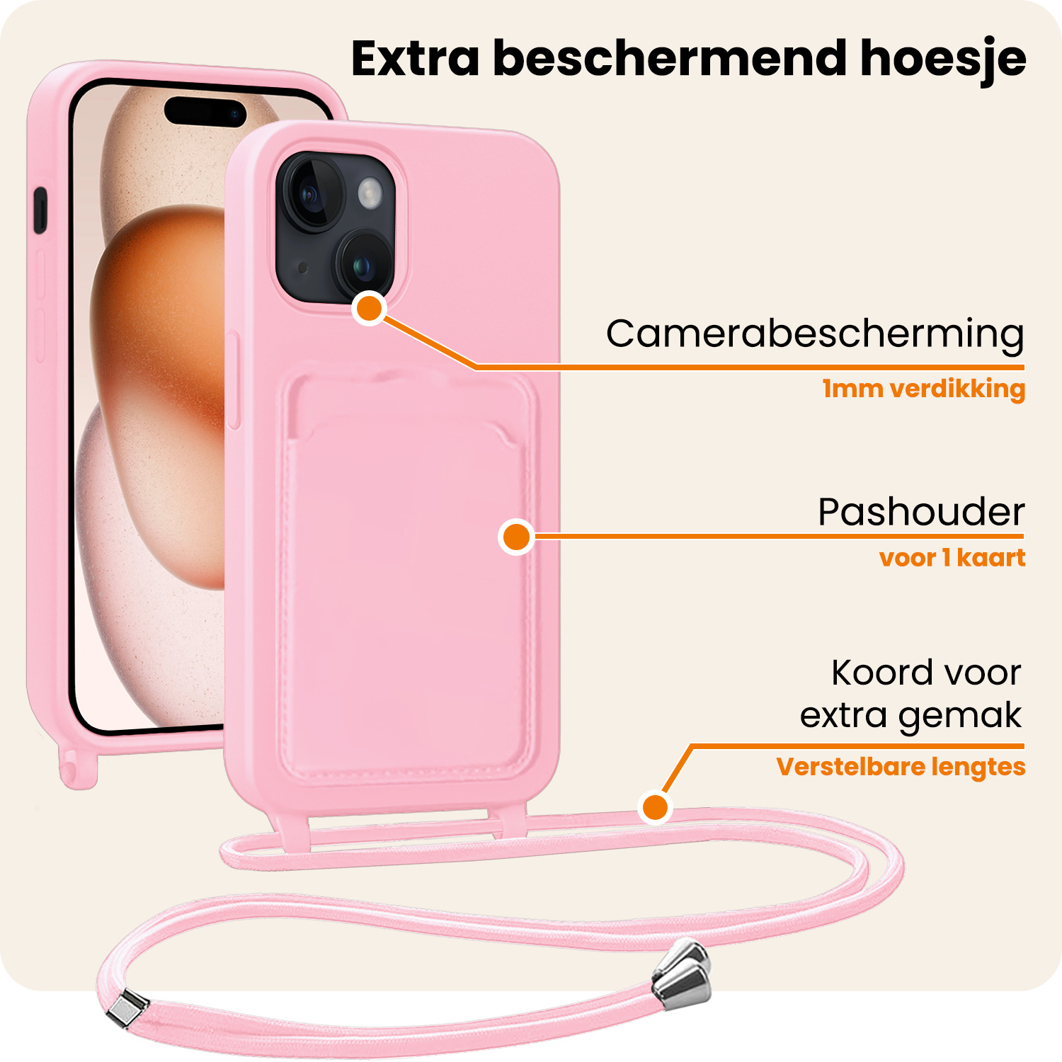 Nomfy Nomfy iPhone 15 Hoesje Pashouder met Koord - Lichtroze