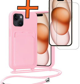 Nomfy Nomfy iPhone 15 Hoesje Pashouder met Koord Met Screenprotector - Lichtroze