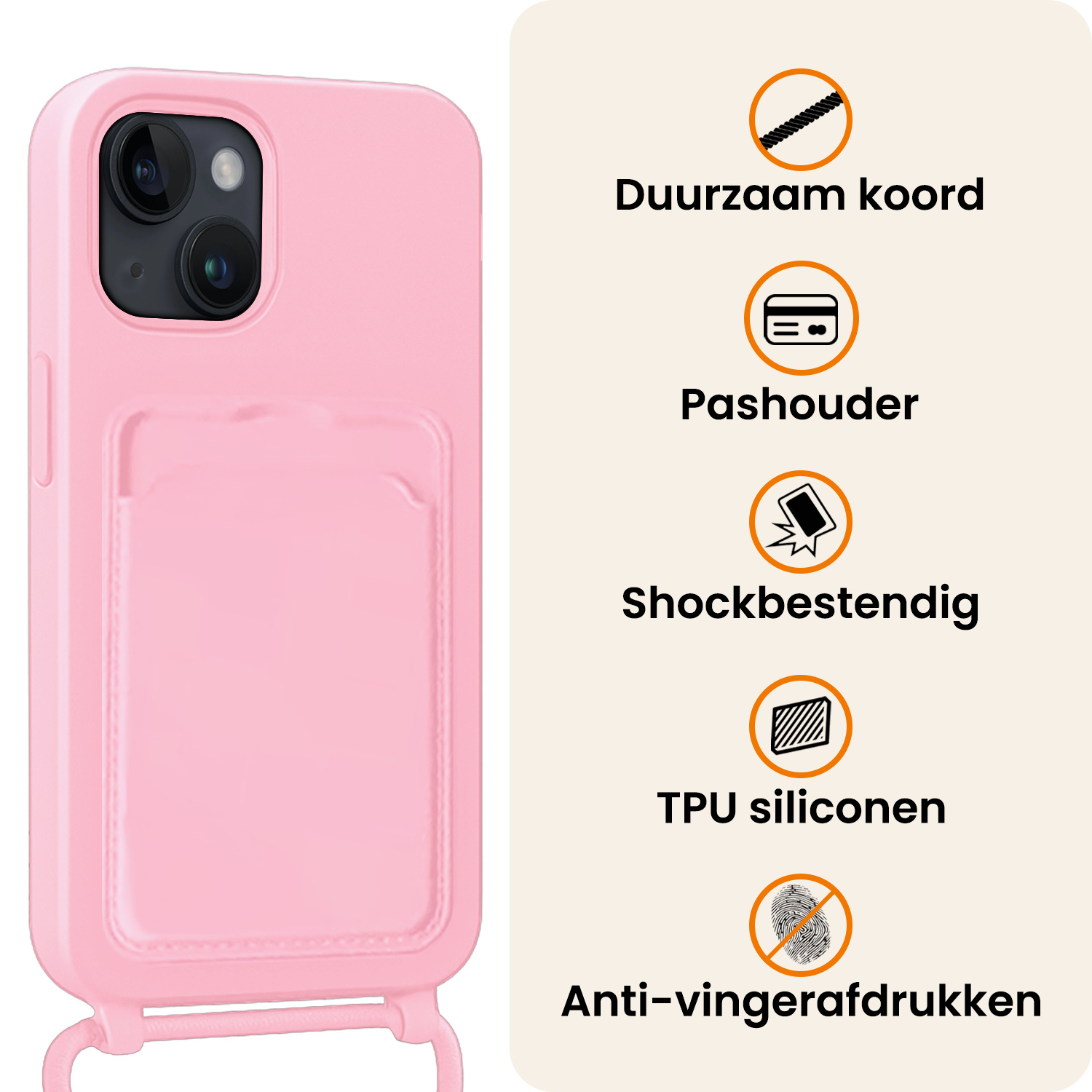 Nomfy Nomfy iPhone 15 Hoesje Pashouder met Koord Met Screenprotector - Lichtroze