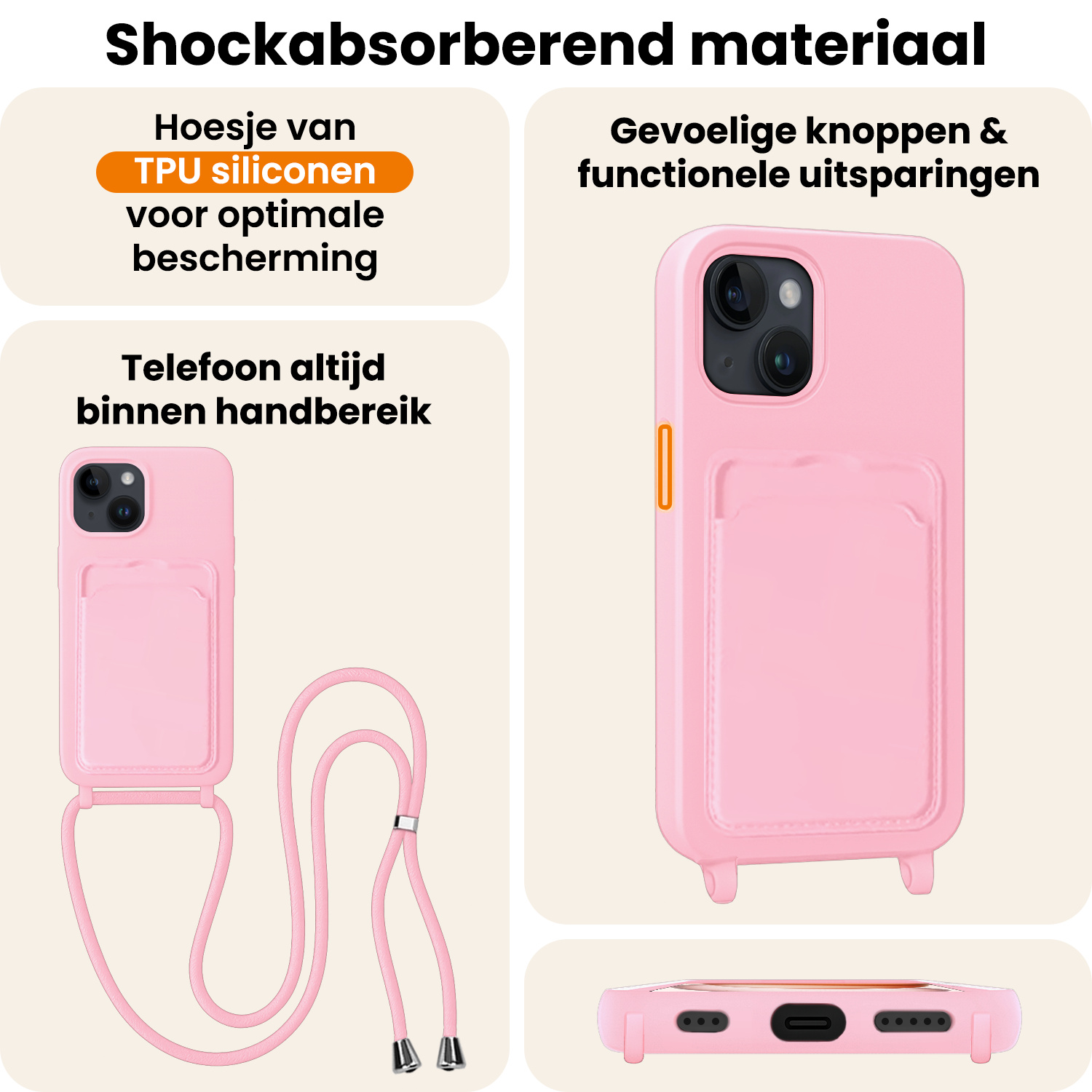 Nomfy Nomfy iPhone 15 Hoesje Pashouder met Koord Met Screenprotector - Lichtroze