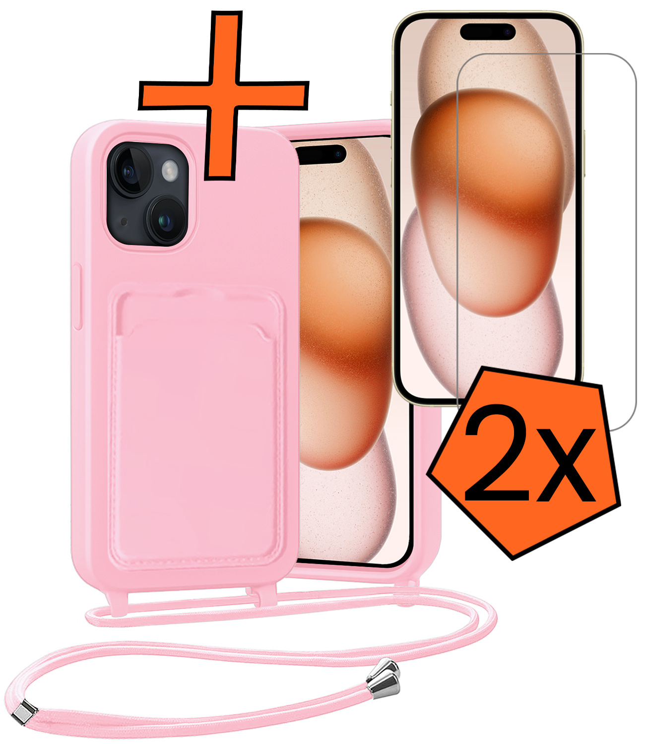 Nomfy Nomfy iPhone 15 Hoesje Pashouder met Koord Met 2x Screenprotector - Lichtroze