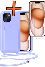 Nomfy Nomfy iPhone 15 Hoesje Pashouder met Koord Met Screenprotector - Lila