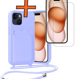 Nomfy Nomfy iPhone 15 Hoesje Pashouder met Koord Met Screenprotector - Lila